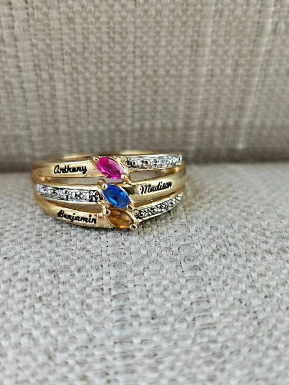 Personalized Name Ring with Multicolor Gemstone Gold Tone Fashion Jewelry Size 7